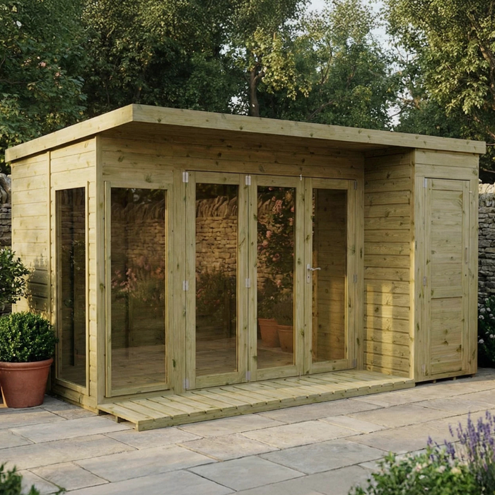 12ft x 8ft GARDEN SUN ROOM OFFICE BI-FOLDING DOORS SUMMERHOUSE SIDE STORE SHED